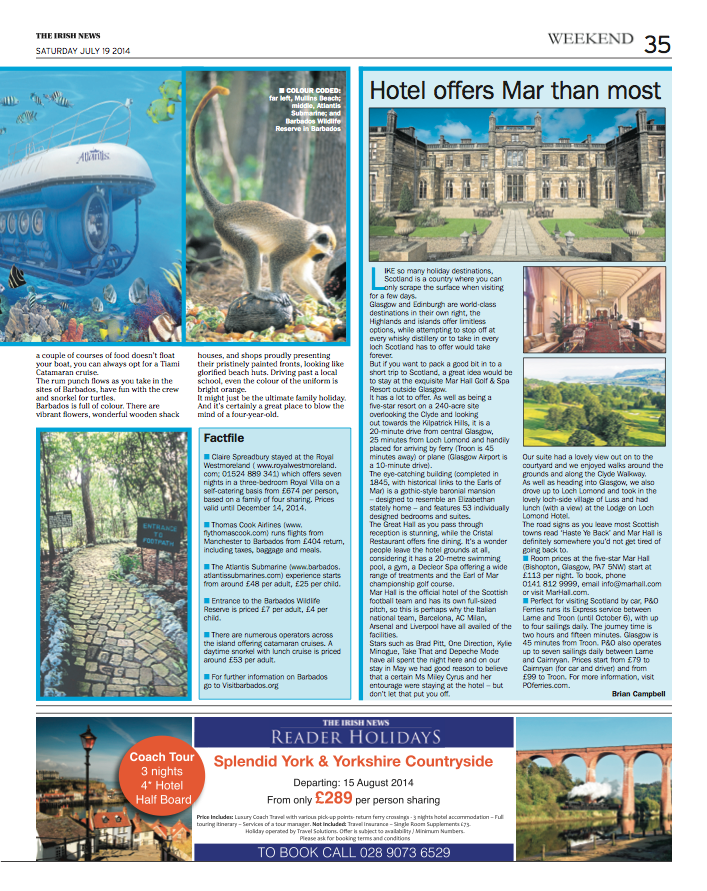 Mar Hall Golf & Spa Resort in the Irish News